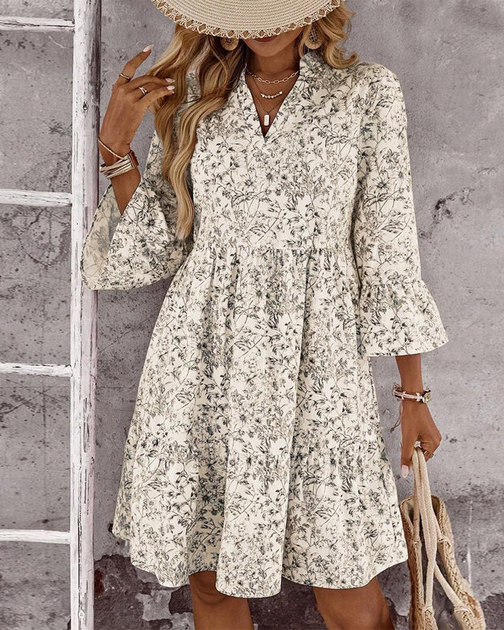 Dress with Stand Collar Floral Print A-Line