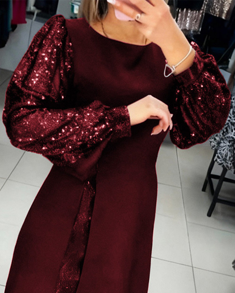 Elegant Dress with Puff Sleeves and Patchwork Details