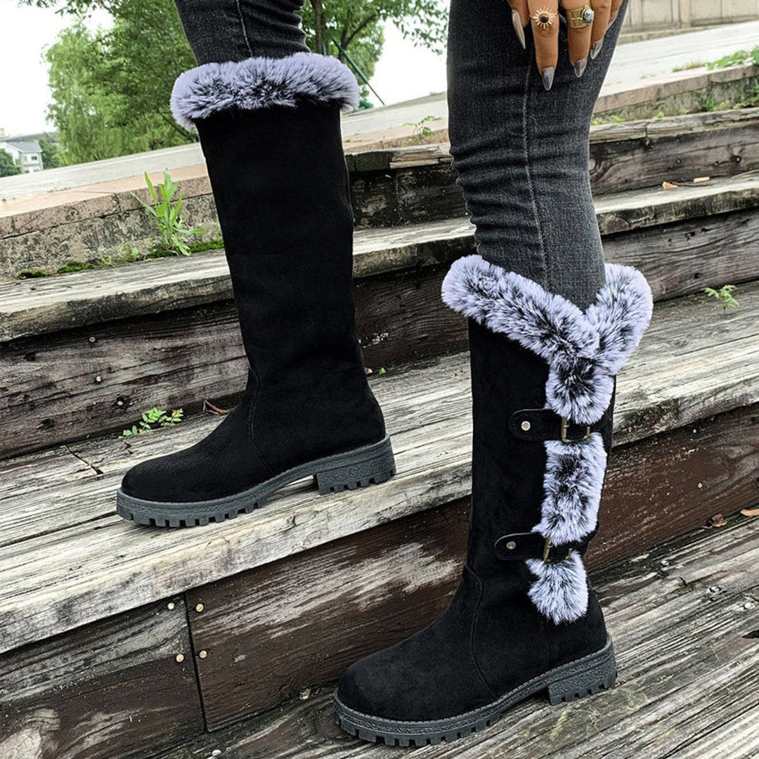 Juliette | Women's Faux Suede Fur-Trim Buckle Knee-High Boots