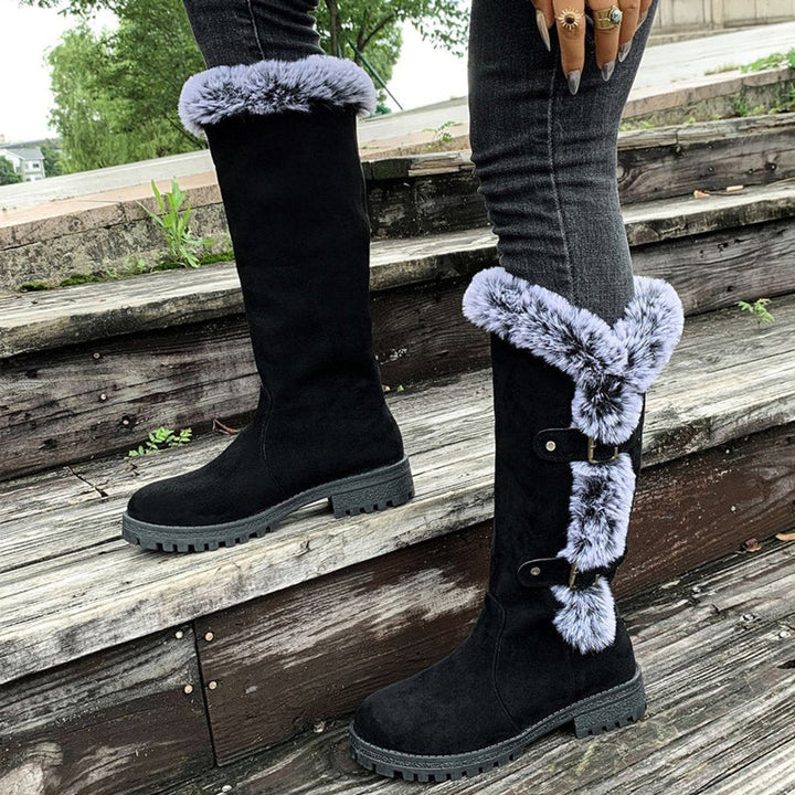 Juliette | Women's Faux Suede Fur-Trim Buckle Knee-High Boots