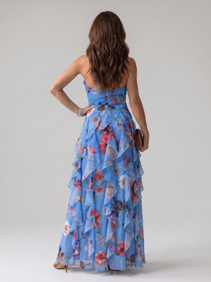 Liora | Halter Neck Ruched Bodice Floral Maxi Dress