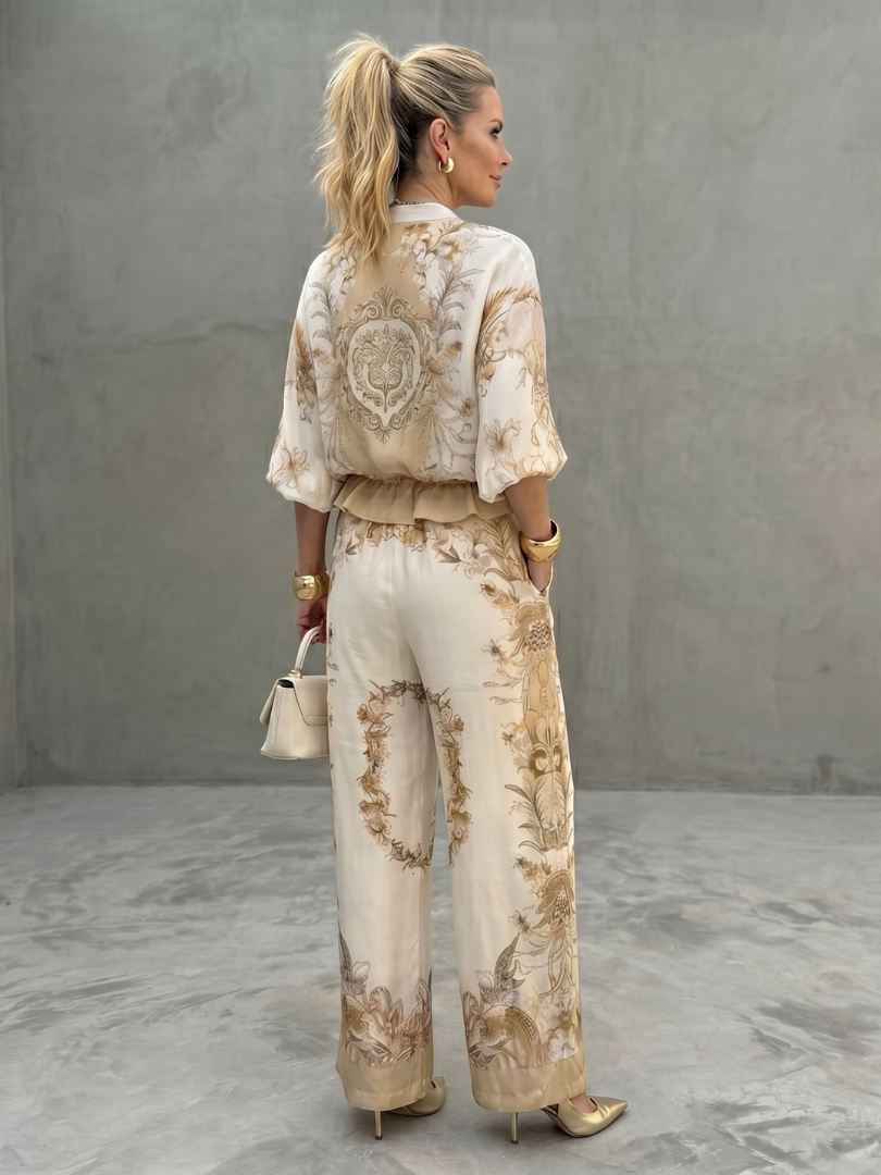 Malia | Zip-Front Blouson Top Printed Two-Piece Set