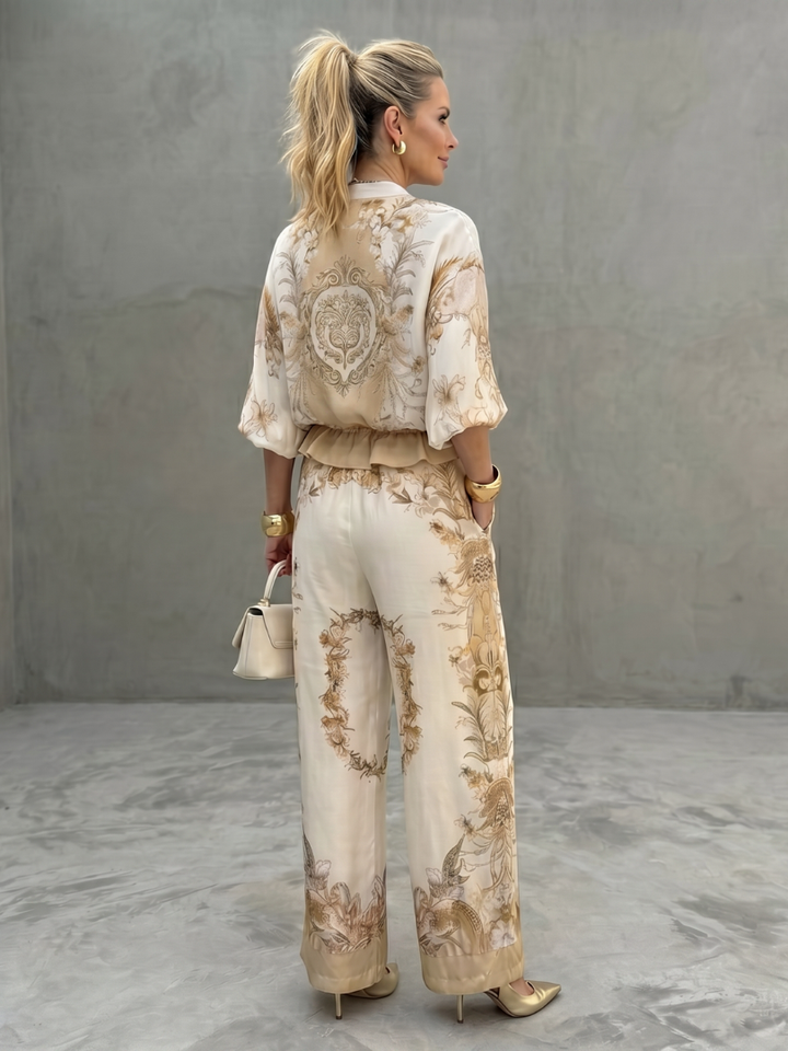 Malia | Zip-Front Blouson Top Printed Two-Piece Set