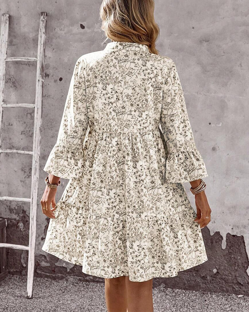 Dress with Stand Collar Floral Print A-Line