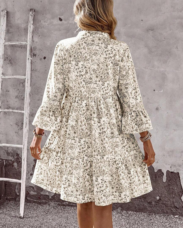 Dress with Stand Collar Floral Print A-Line
