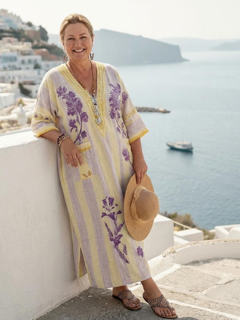 Clara | V Neck Half Sleeve Striped Floral Maxi Dress