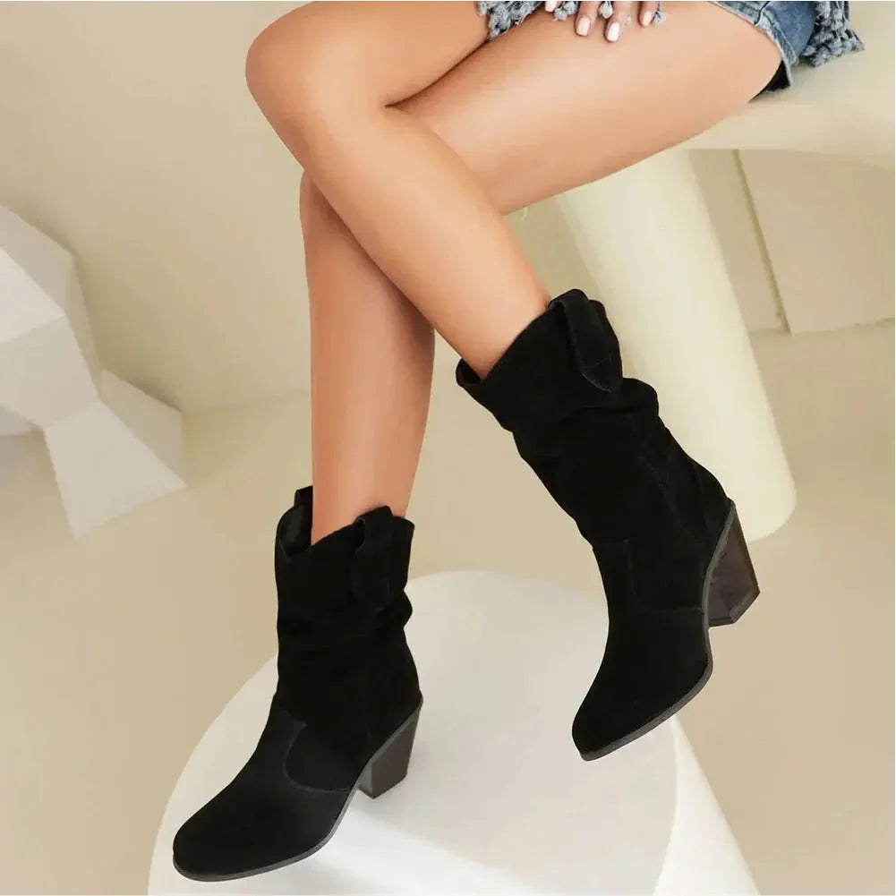 Ruby | Retro Suede Slouchy Cowboy Boots with Chunky Heel