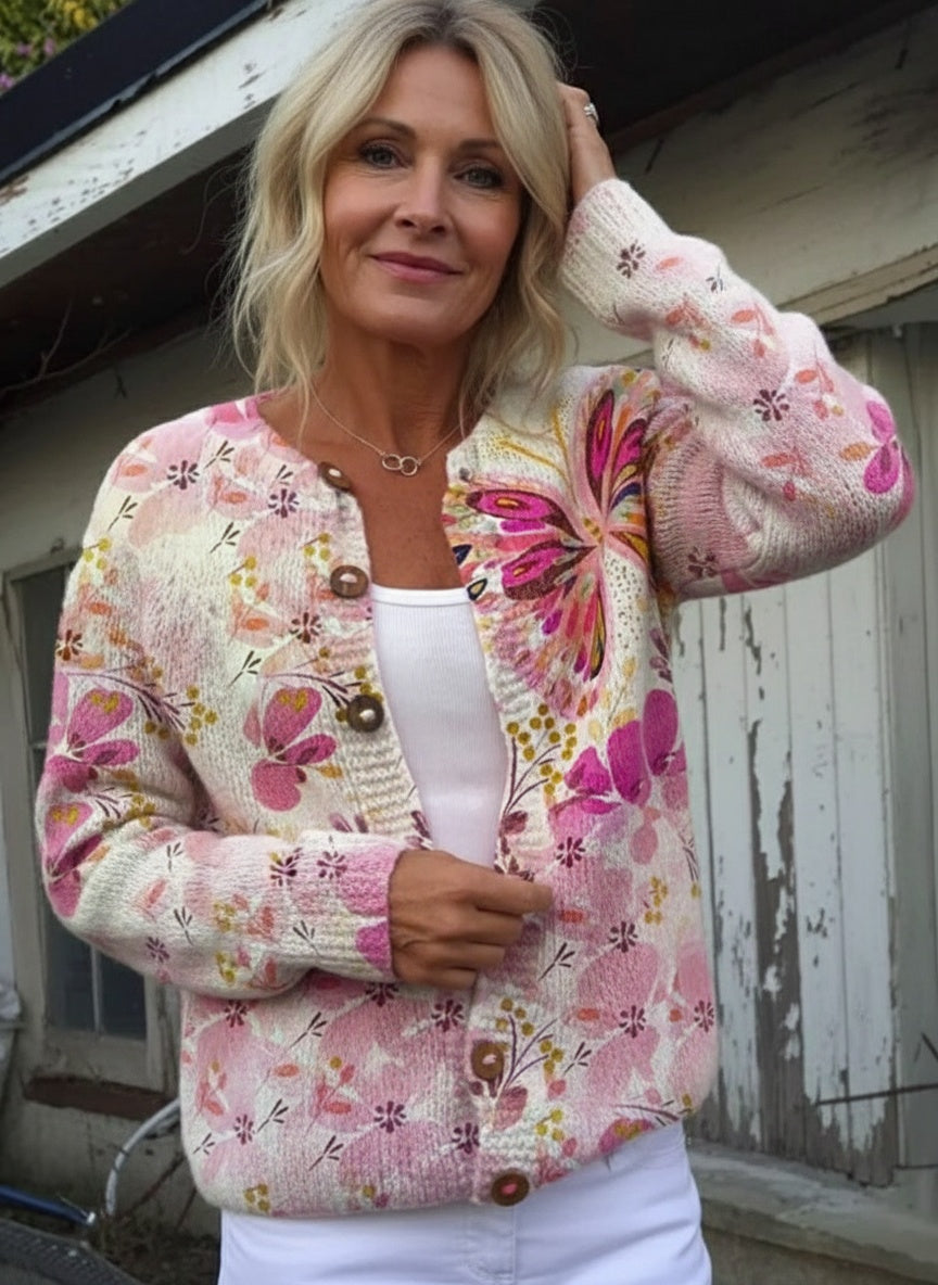 Women's Lovely Butterfly Floral Art Print Buttoned Cardigan Sweater