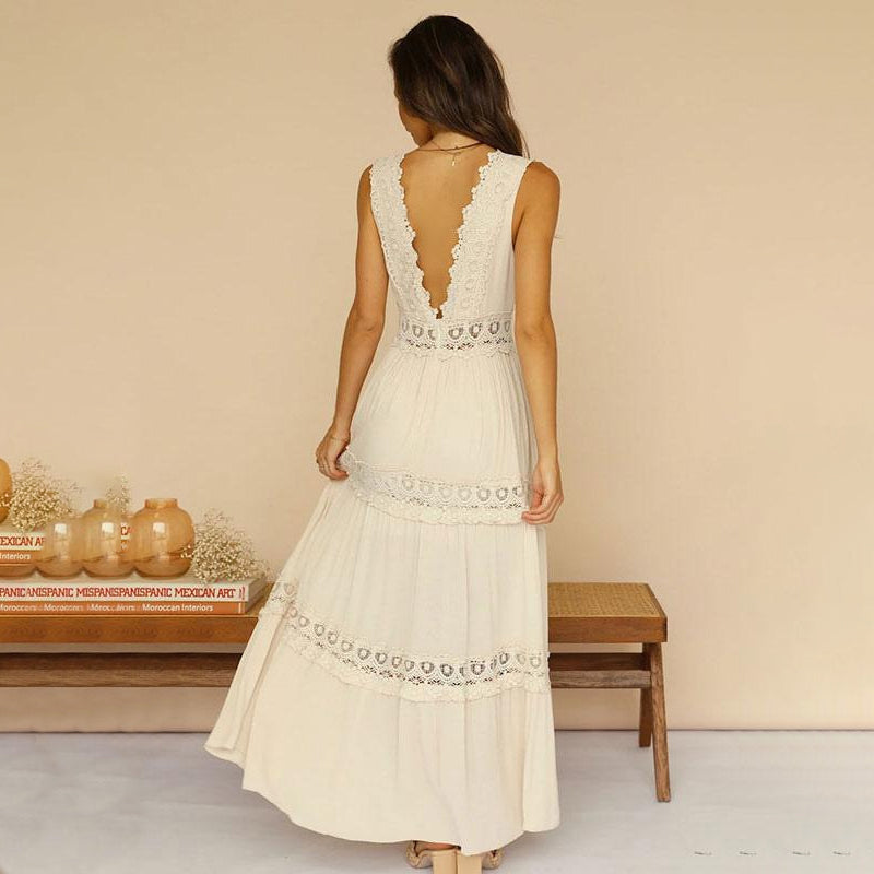 Nancy – Lace Back Maxi Dress with V-Neck