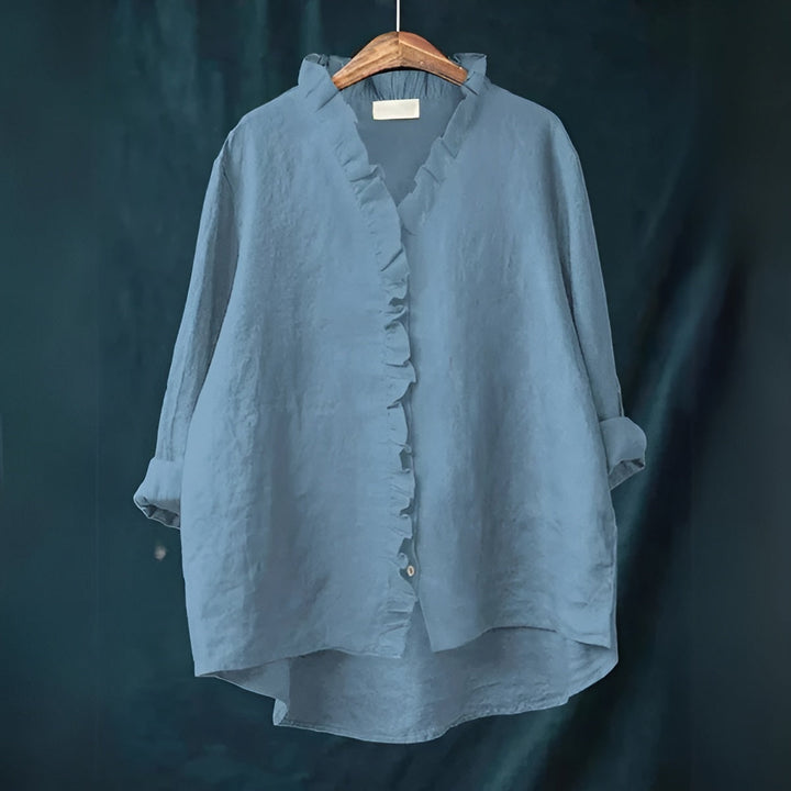 NOLA – RUFFLED BUTTON-FRONT LINEN BLOUSE